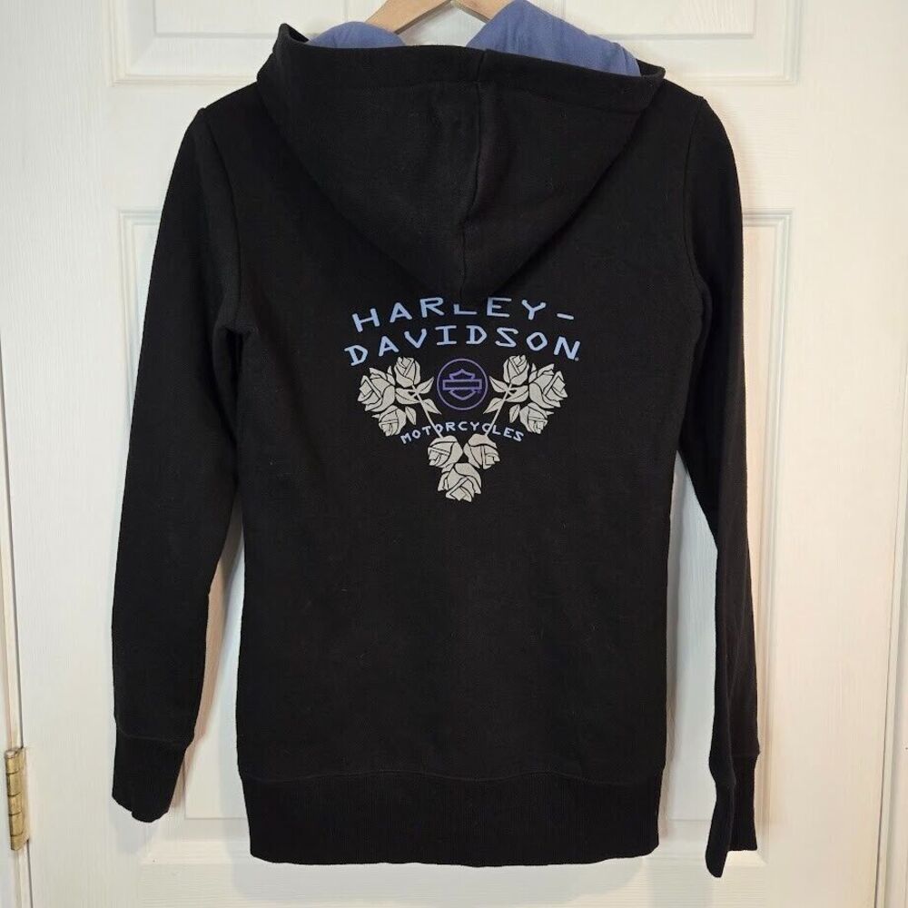 Harley-Davidson Women's Size XS Blue Roses 1/4-Zip Hoodie Pullover‎ Black